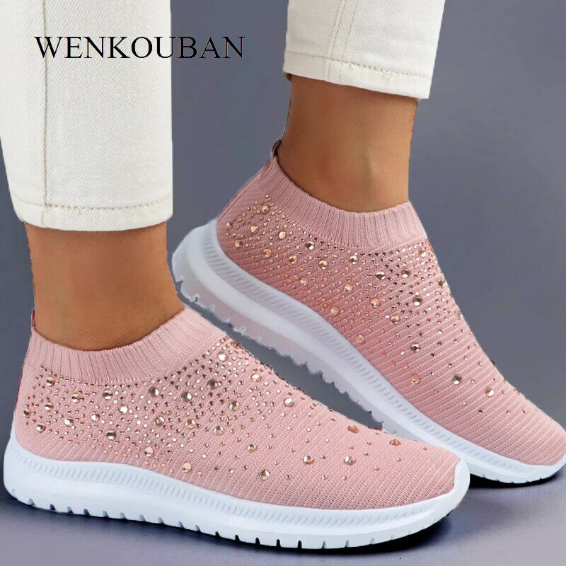 Sapatilhas de verão femininas meias sapatos de cristal branco sapatos casuais deslizar em flats senhoras sapatilhas sapatos de caminhada cesta feminina 2021