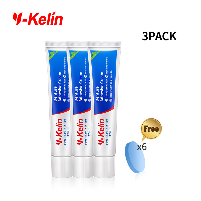 Оригинальная формула Y-Kelin клейкий крем для зубных протезов 3/4/6 в упаковке, без цинка, очень прочная фиксация для верхней или нижней части, весь день