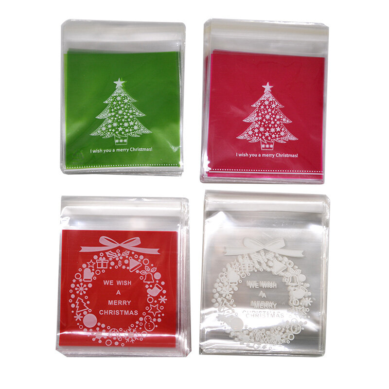 50Pcs 10x10cm Santa Claus Tree Self-adhesive Christmas Gift Bags Cartoon Plastic Candy Bag Christmas Cookie Packaging Xmas Decor