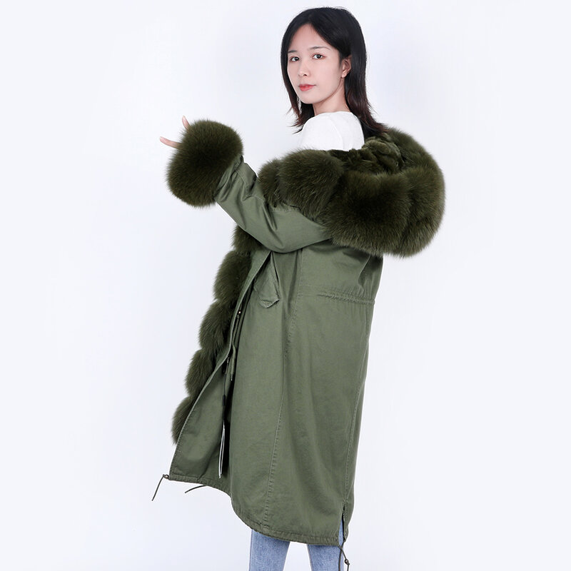 Зимнее женское меховое пальто Maomaomao с воротником из лисьего меха, подкладка из кроличьего меха выше колена, искусственная парка, Женские приталенные пальто