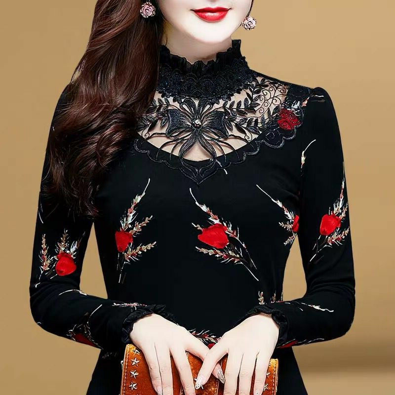 2020 Autumn Winter Women Thick Lace Fleece Print Tops Female Hollow Out Bottoming Shirt & Blouse Feminina Blusa Plus 5XL Black