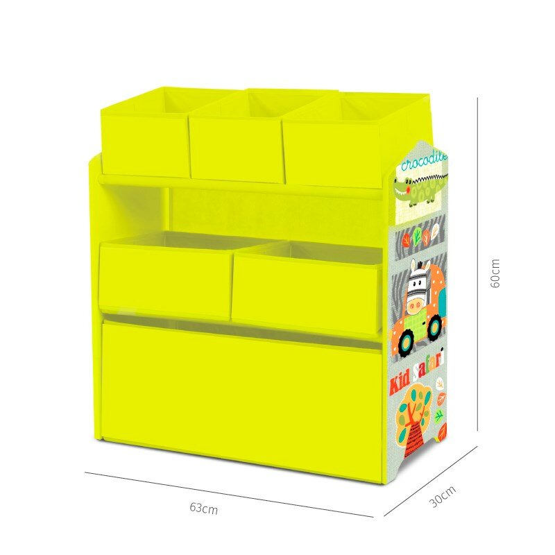 Estanteria mueble infantil madera verde habitacion niños 6 cajas tela juguetes