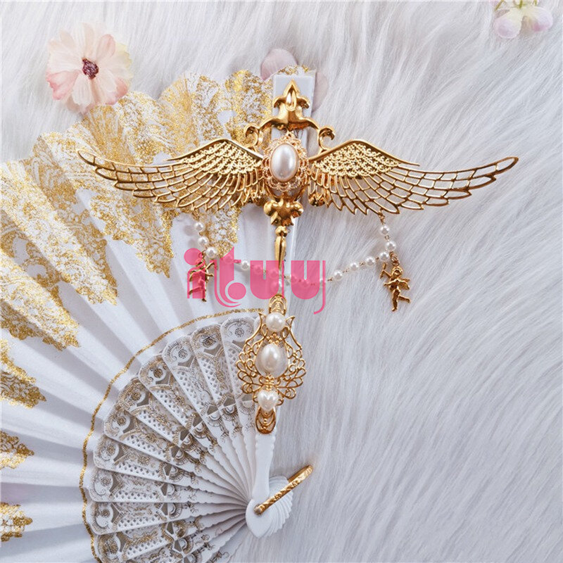 Lolita-abanicos de mano de estilo Harajuku Vintage, accesorio de fotomatón para espectáculo de escenario, Gema hermosa, perla, alas de Ángel, abanico plegable