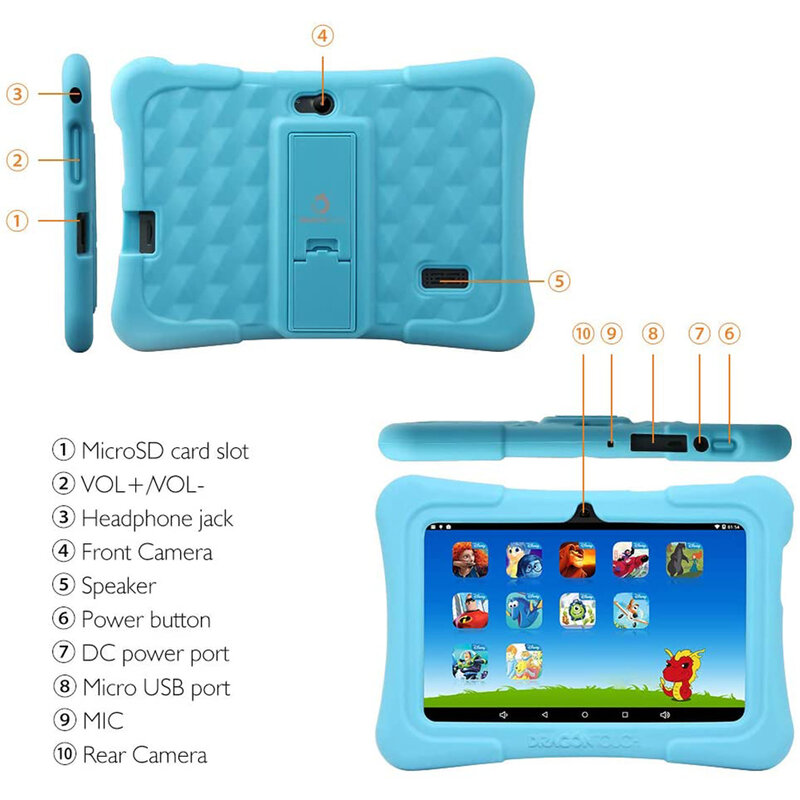 Детские планшеты DragonTouch Blue Y88X Plus, 7 дюймов, 16 ГБ, четырехъядерный процессор, Android 8,1 + сумка для планшета + Защитная пленка для экрана, Детский планшетный ПК