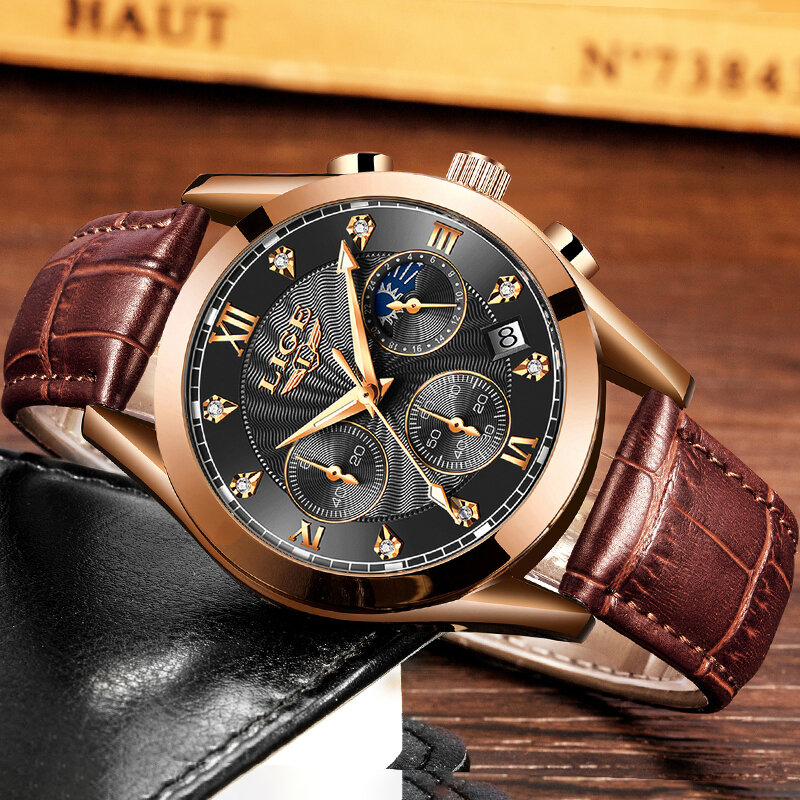 LIGE jam tangan bisnis pria, arloji LIGE 2023 baru merek terkenal mewah tanggal olahraga militer tali kulit Quartz hadiah