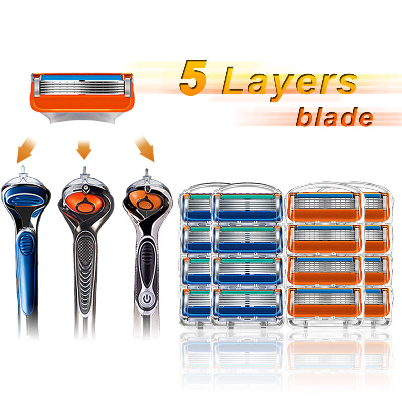 Lâminas de barbear masculinas 16 unidades/pacote, para substituição de lâminas de barbear compatíveis com gillette fusion, 5 camadas, de aço inoxidável