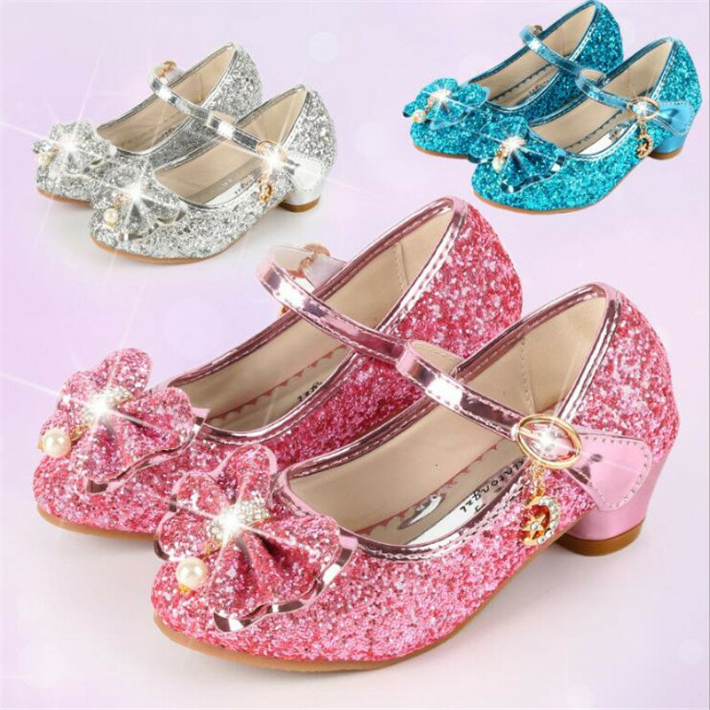 Туфли принцессы для девочек, кожаная повседневная обувь с цветами, блестками, на высоком каблуке, с бантом-бабочкой, синие розовые