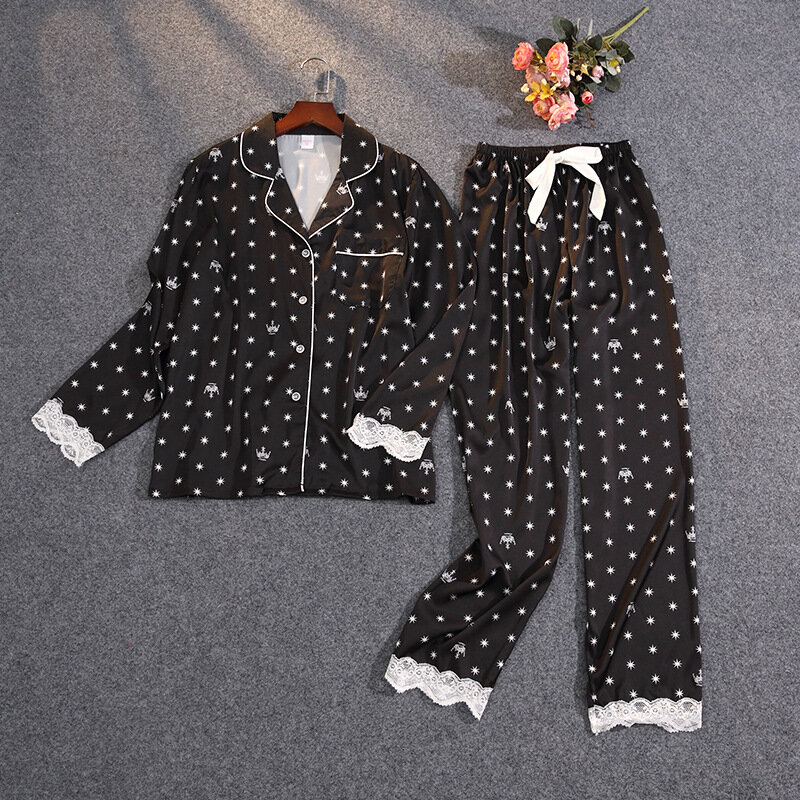 Pyjama d'été deux pièces en Satin de soie glacée pour femmes, vêtements d'extérieur fins en dentelle imprimée