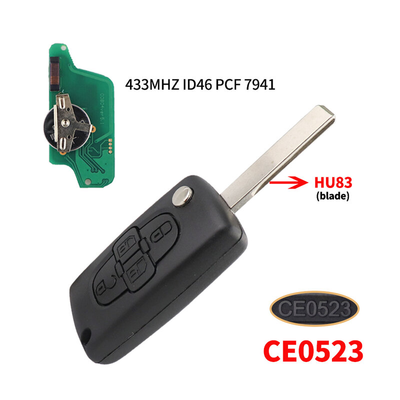 Yiqixin CE0523 Vragen Auto Flip Remote Key Voor Peugeot 807 1007 433Mhz 4 Knoppen Voor Citroen C8 2002-2014 VA2/HU82 ID46 PCF7941 Chip