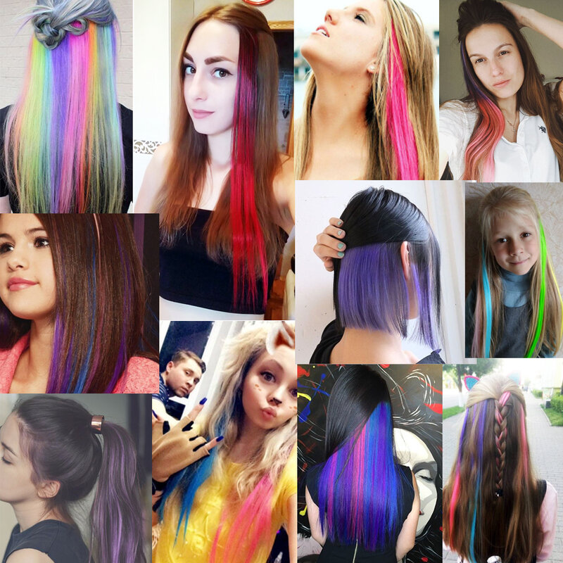 Extensiones de Cabello con Clip de colores resaltados, accesorios de cabello arcoíris rectos para niñas, una pieza, 22 pulgadas