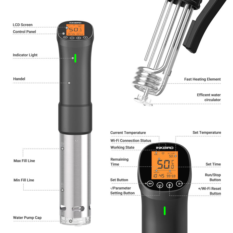 Pemasak Sous Vide INKBIRD, Pemasak Presisi Mesin Sous Vide Wi-Fi, Sirkulator Imersi 1000W dengan Resep, Pengatur Waktu, Layar LCD Sentuh