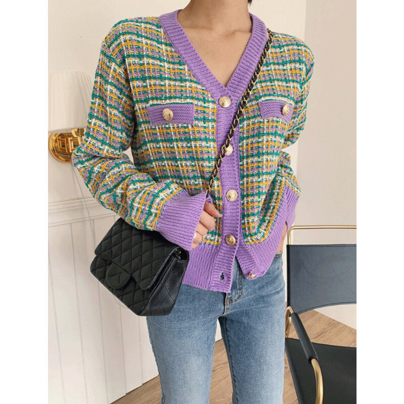 Sweter w stylu Vintage kardigany z dzianiny damski sweter w stylu Kawaii tweedowy jesienno-zimowy koreańska Retro sweter dzianinowy 2023 nowość