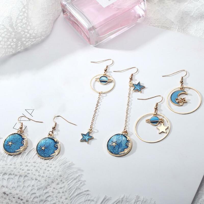 1 Pair Women Drop Earrings Cartoon Moon Star Asymmetric Jewelry Planet Pendant All Match Hook Earrings