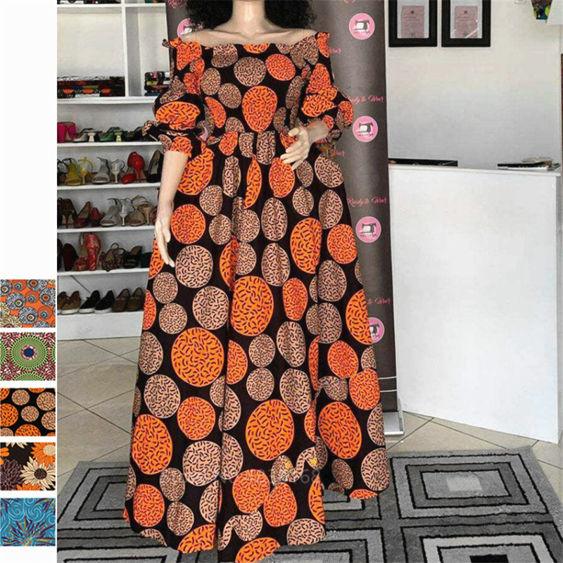African National Print Party Dress Women Casual Sexy Slash-neck Lady Maxi Dress New Vintage Long-sleeved Loose Elegant Dresses