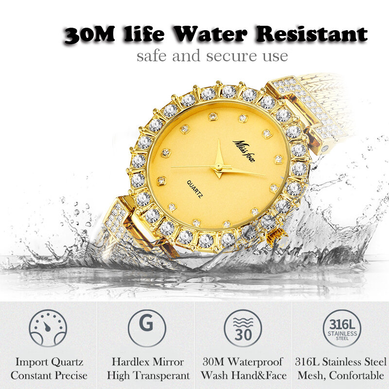 ساعة كوارتز نسائية مرصعة بالألماس من MISSFOX, ساعة كوارتز نسائية فاخرة مقاومة للمياه ، كبيرة الحجم مرصعة بالألماس