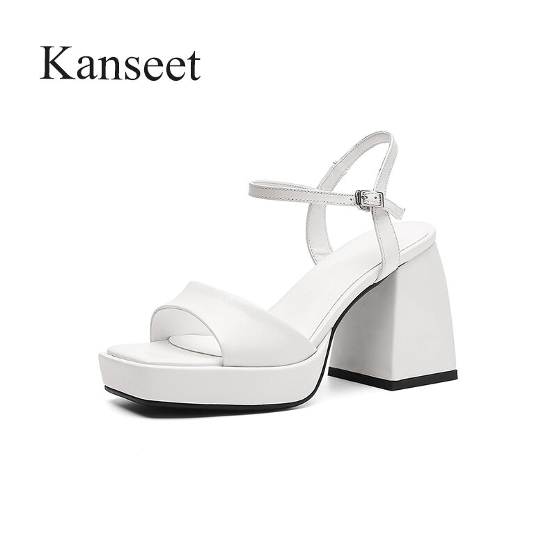 Kanseet-zapatos de tacón grueso para mujer, sandalias de piel auténtica con plataforma de Punta abierta, calzado con hebilla y correa para fiesta, 2021, 42