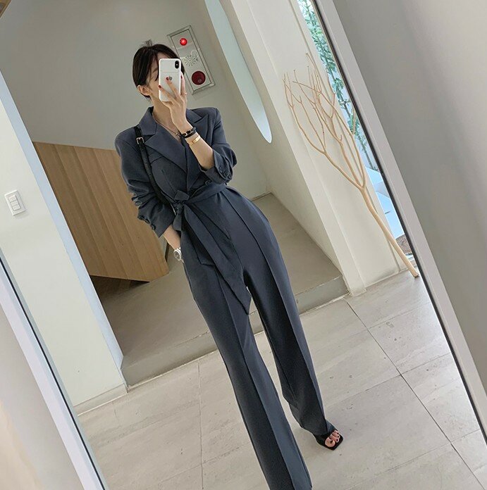 Elegant Notched Collar Double Breasted Playsuits Long Pants Chic Sashes Office OL High Waist Slim Retro Jumpsuit Women