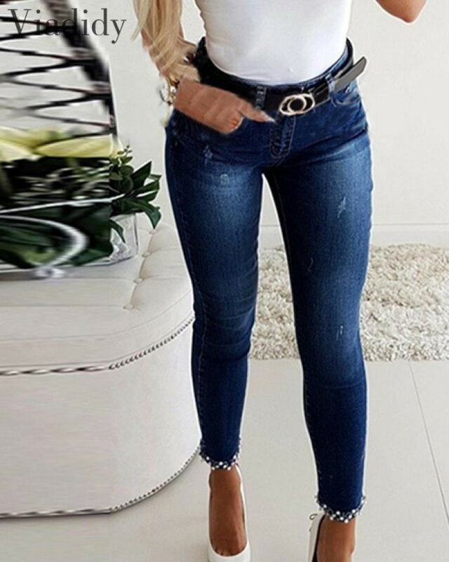Женские узкие джинсовые брюки-карандаш с бантом и манжетами на осень и весну, джинсы на молнии с высокой талией и карманами, без ремня