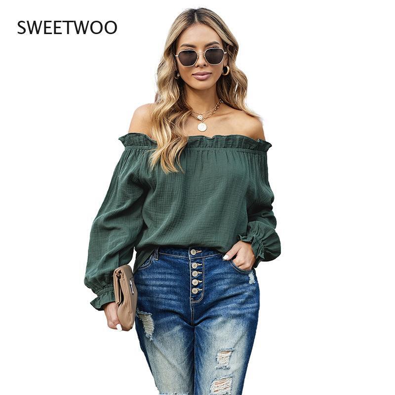New Spring Summer Woman Tshirts Neck Strapless Solid Color Lantern Long Sleeve Loose Aesthetic Women's Sundress Clothing
