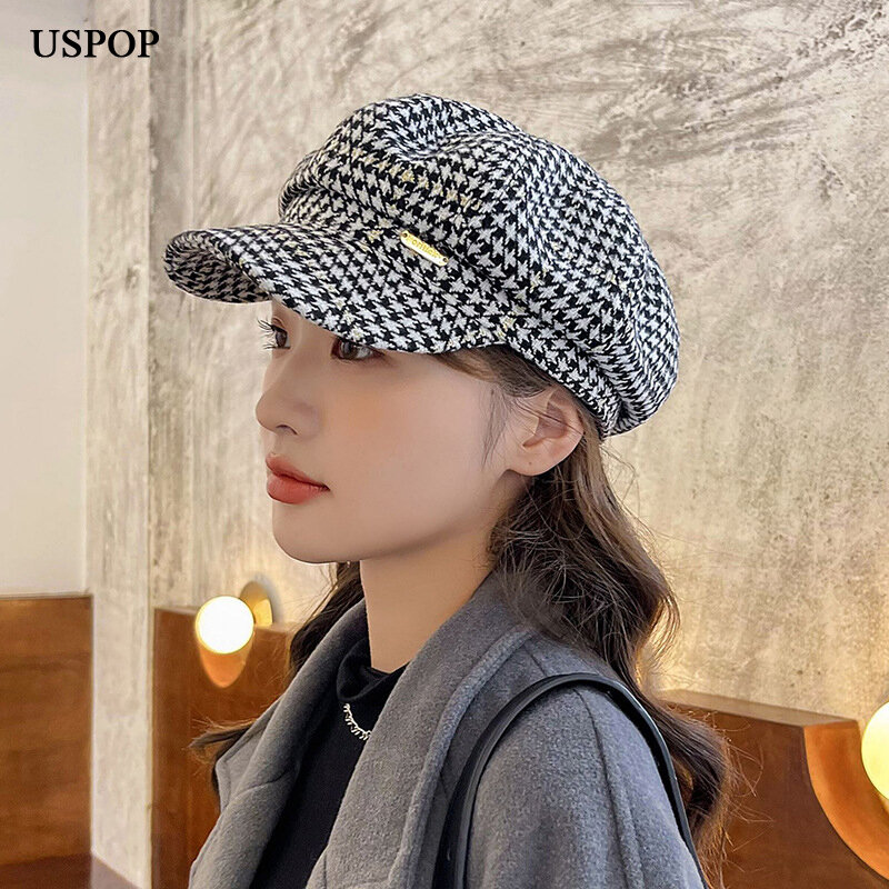 USPOP 2021 여성용 가을 모자, 부드러운 격자 무늬 팔각형 모자, 겨울 뉴스보이 모자
