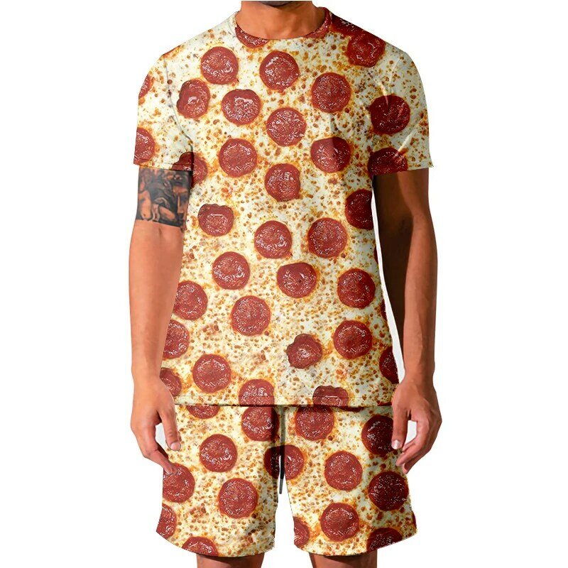 Мужской повседневный костюм для бега и спорта, футболка с коротким рукавом и шорты с 3D-принтом пиццы, комплект из 2 предметов, Новинка лета 2021