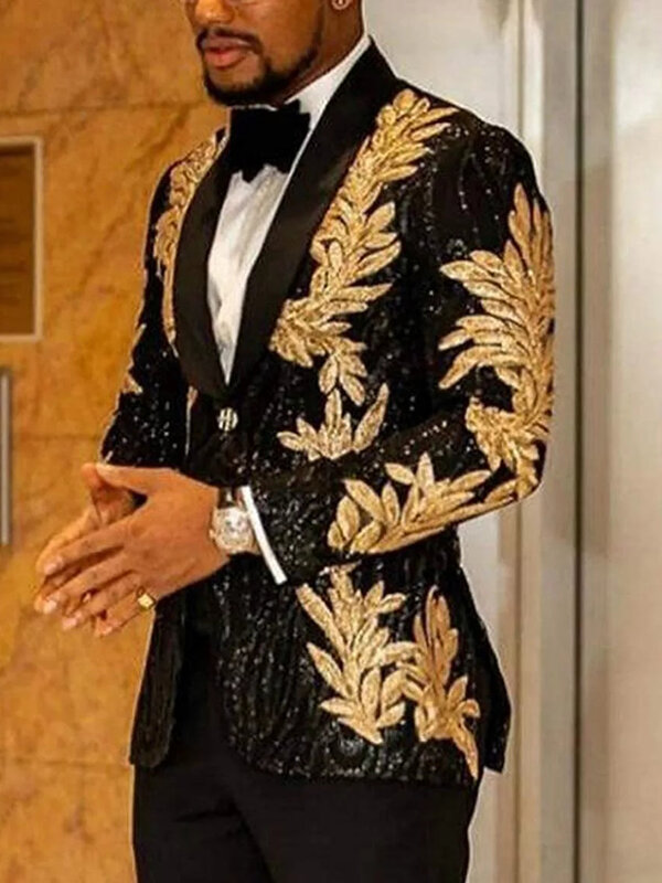 Sparkly Men Slim Fit Gold Appliques Sequins เจ้าบ่าว Tuxedo ที่ปรับแต่งเดียว Breasted กางเกง2ชิ้น2023