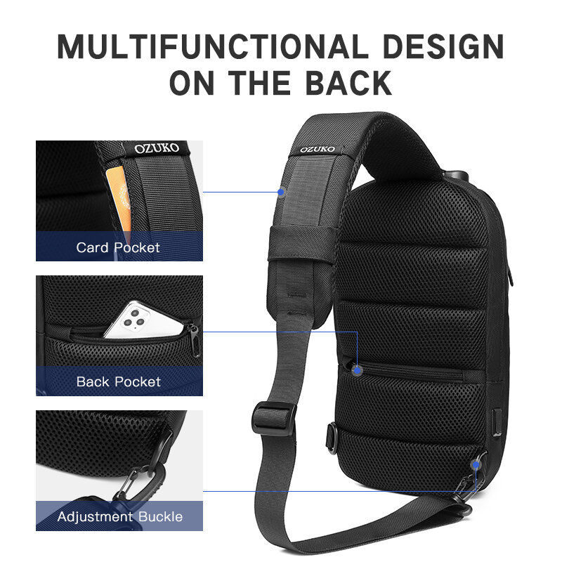 OZUKO wielofunkcyjna męska torba na klatkę piersiowa torby na ramię z zabezpieczeniem przed kradzieżą męska torba na ramię z ładowaniem USB torba podróżna wodoodporna torba Crossbody