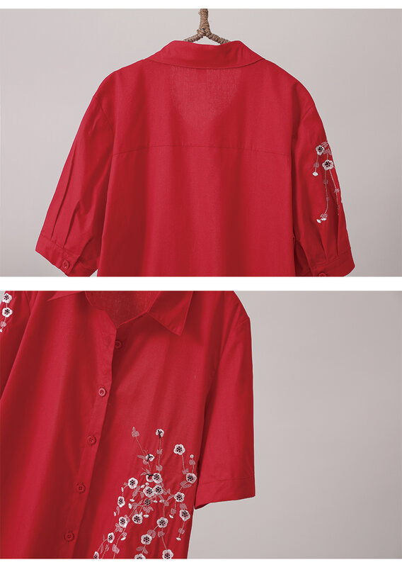 Blusa longa vintage para mulheres, 100% algodão, solta, bordada em flores, manga curta, camisas chiques étnicas, tops, primavera, verão, nova, 2021