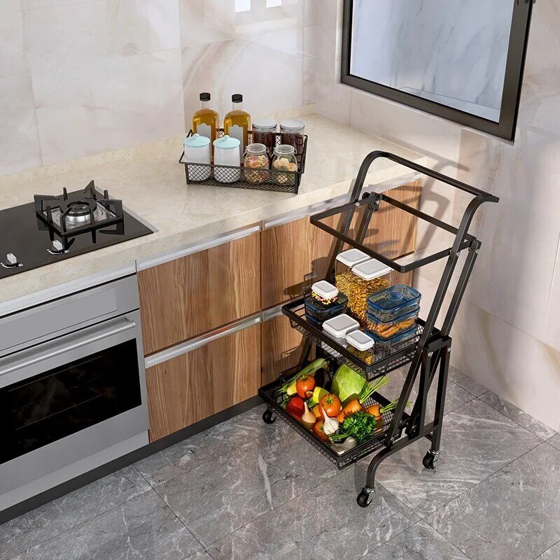 Trole stall paralelo dobrável portátil prateleira piso cozinha multifuncional rack de armazenamento organizador da cozinha metal suporte organizatio