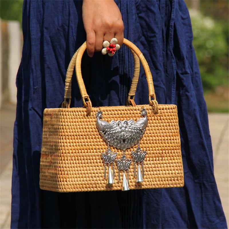 Bolso de paja antiguo hecho a mano, tejido de mimbre con mango de madera, Retro, estilo étnico, características chinas originales, a6106