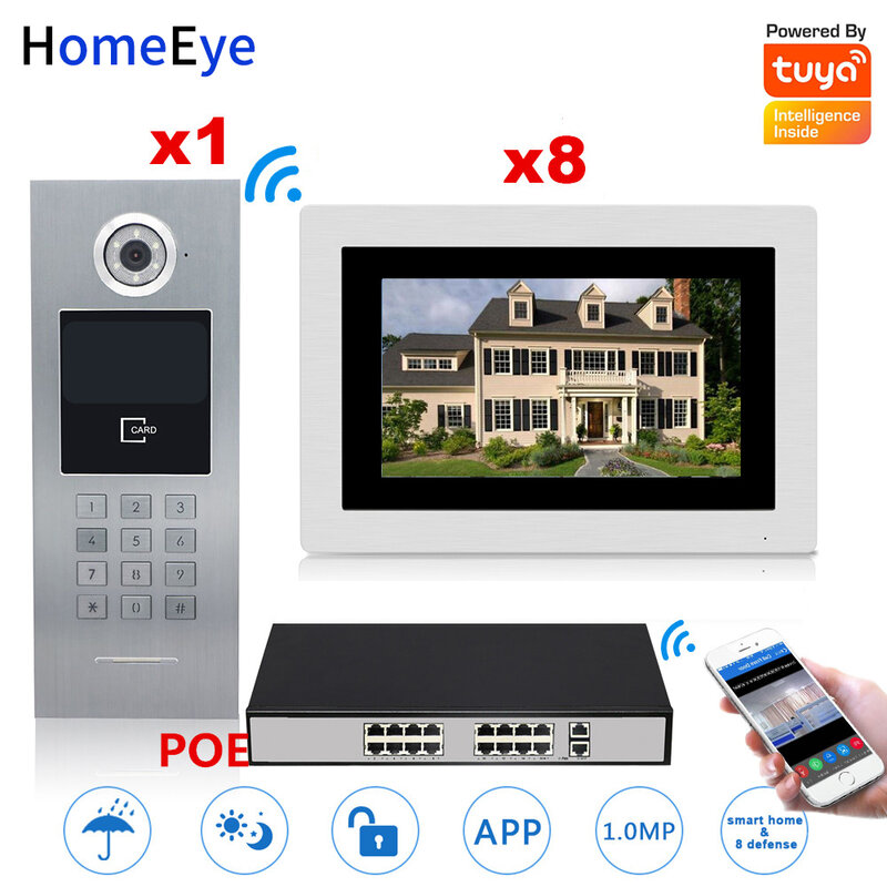 TuyaSmart APP WiFi Video ประตูโทรศัพท์ IP วิดีโอภายในบ้านระบบควบคุมประตูหน้าจอสัมผัสรหัสผ่าน/RFID Card/POE Switch
