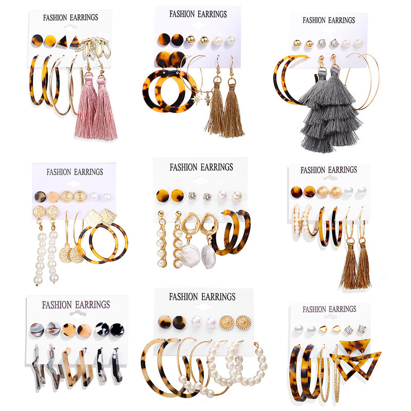 Conjunto de pendientes acrílicos para mujer, Set de pendientes acrílicos con perlas y borlas de leopardo, estilo bohemio, 2020
