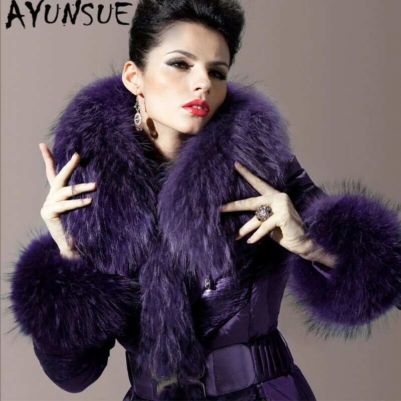 AYUNSUE New Brand Women's Winter Down Jacket Female Luxury Natural Raccoon Fur Hooded Duck Down Coat Thick Warm Parkas Woman 561