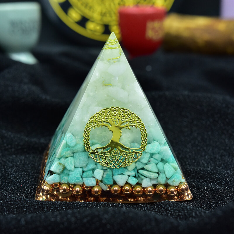 Orgonit piramida Raziel Vishuddha Chakra biały kryształ amazonit żywica biżuteria dekoracyjna wiara kreatywność piramida