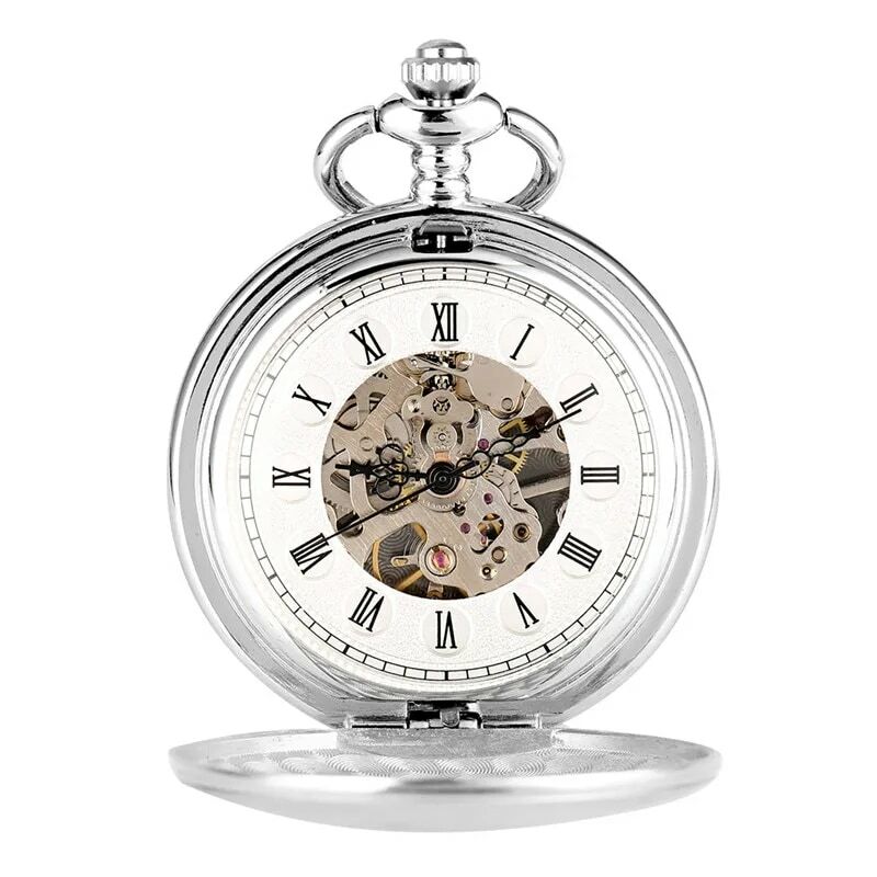 Antyczny srebrny zegarek kieszonkowy gładki podwójny otwarty Hunter Unisex ręcznie nakręcany mechaniczny wisiorek zegarki Neckalce Chain reloj prezent