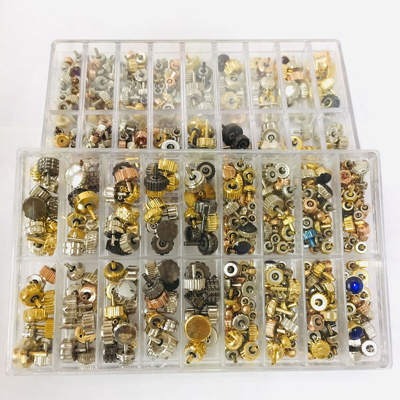 150-160 pezzi di ricambio della corona dell'orologio di pz/scatola, accessori assortiti rame d'argento della sostituzione delle parti della corona dell'orologio