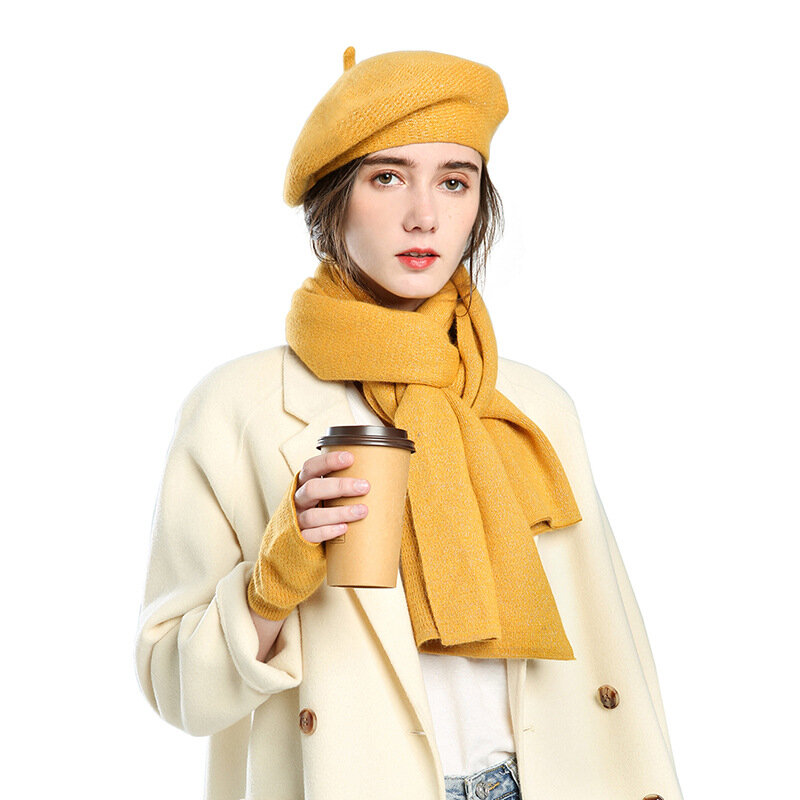 Uspp novo inverno cor sólida 3 peças conjuntos de cachecol de caxemira chapéu luvas para mulher