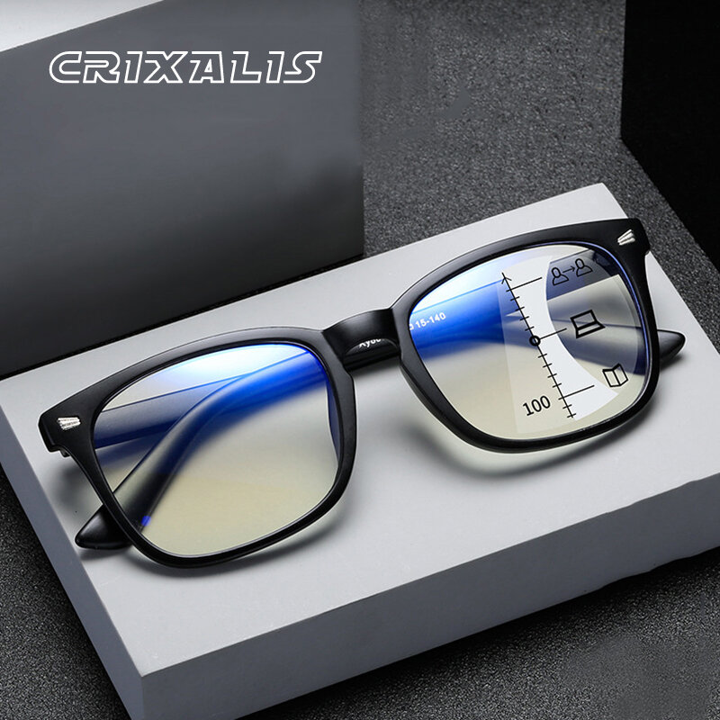 CRIXALIS 스퀘어 다초점 프로그레시브 독서 안경, 디옵터 포함, 눈부심 방지 컴퓨터 안경, 여성 UV400, 남성 패션