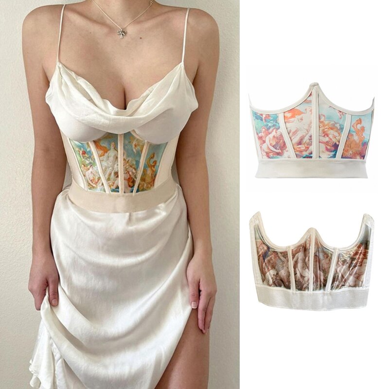Donne Vintage angelo stampato corsetto avvolgere cintura pesce disossato Fitness vita Shaper sottoseno Bustier Cincher elastico dimagrante cintura S