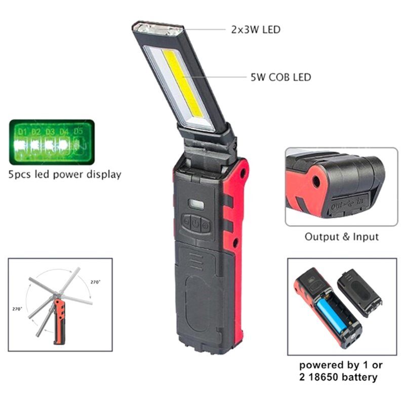 Super Bright COB LED Working Light With Magnetic Base & Hook USB Rechargeable Dimmable Flashlight