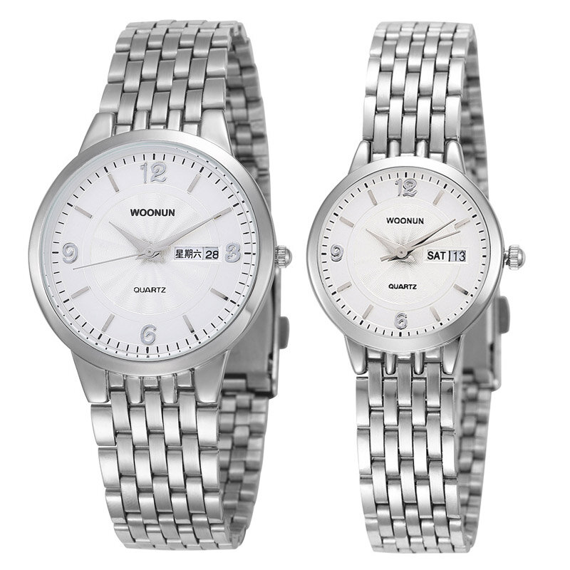 Relógio de moda aço inoxidável calendário de quartzo-relógios woonun marca de luxo casal relógios para amantes ultra fino relógios masculinos