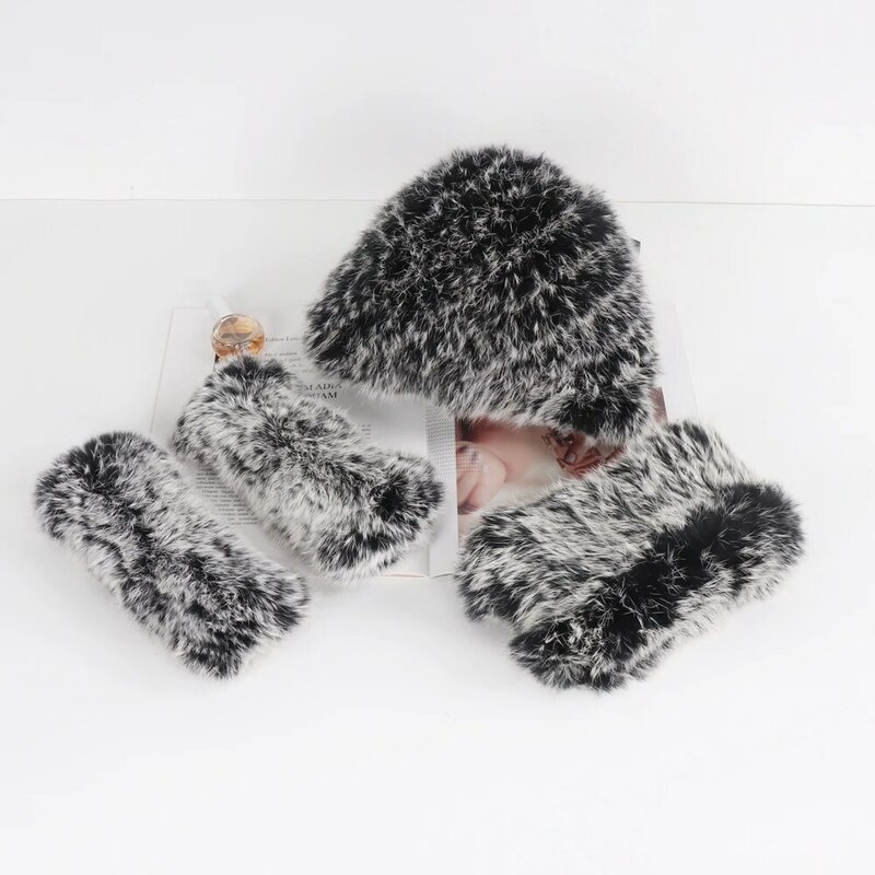 Conjunto de gorros y guantes de punto para mujer, bufanda de piel de conejo 100% Natural, cálido y esponjoso, novedad, Invierno