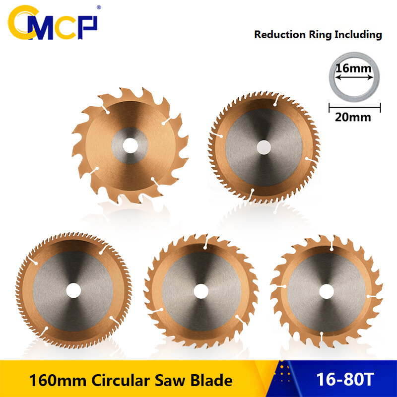 CMCP 160mm TCT Circular Saw Blade For Wood Plastic Acrylic Woodworking Saw Blade 16/24/30/60/80T TiCN Coated Cutting Disc