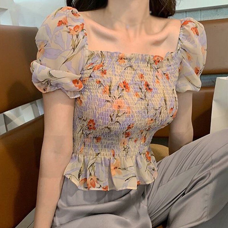 여성용 꽃무늬 프린트 스퀘어 칼라 블라우스, 우아한 여성용 반팔 쉬폰 셔츠 상의, 2020 여름