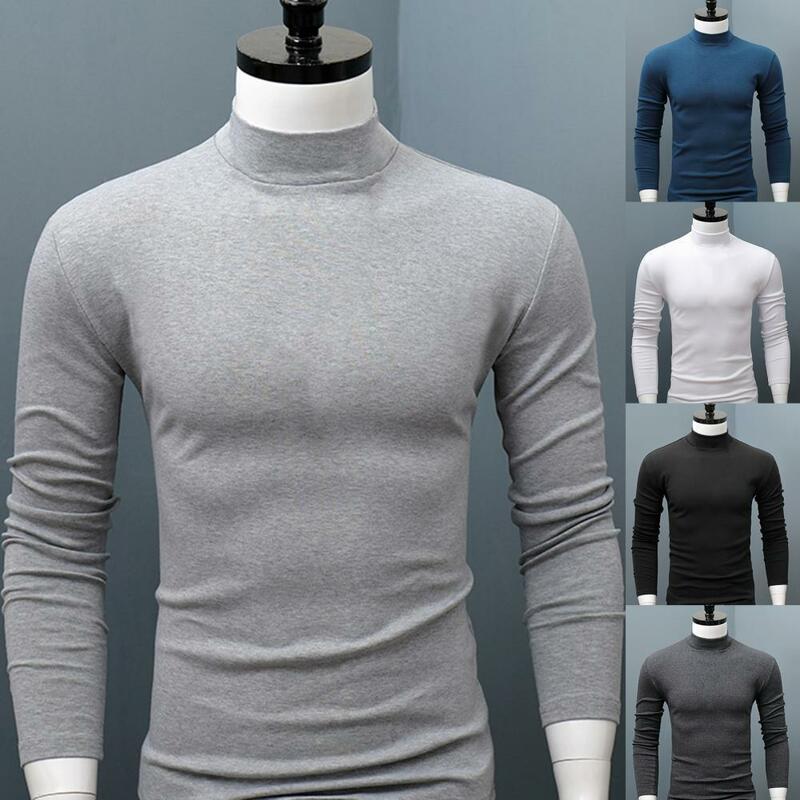 Suéter de talla grande para hombre, camisa de Color sólido, Cuello medio alto, informal, Delgado, manga larga, grueso, cálido, ajustado, ropa interior