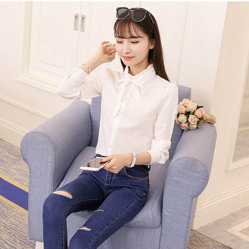 Blusa blanca de manga larga para mujer, camisa elegante de oficina, ajustada, talla grande, S-5XL, L4621, primavera, 2021