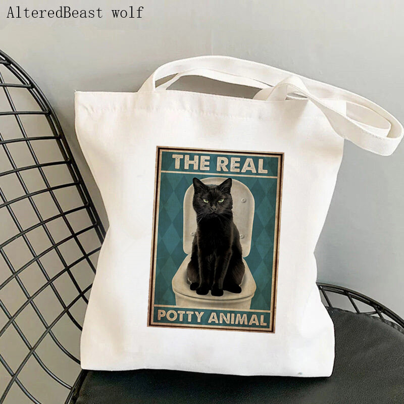 Phụ Nữ Túi Shopper Mèo Đen Đứng Trên Đầu Lâu Túi Xách Đầu Bông Tai Kẹp Mua Sắm Vải Shop Cô Gái Đeo Túi Xách Đeo Vai Nữ túi