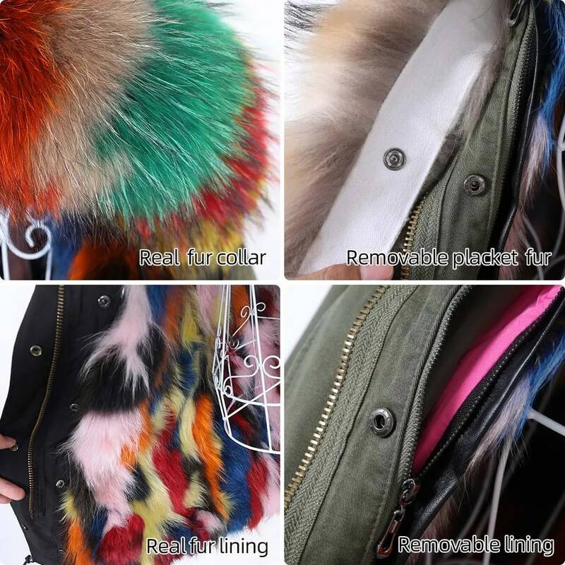 Maomaokong-casaco de pele de inverno feminino, jaqueta com pele natural, retalhamento colorido, forrado de raposa real removível, colarinho de pele grande, parkas