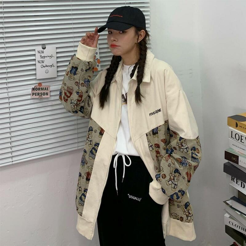 Женская куртка с милым мультяшным принтом, универсальная свободная летная куртка в Корейском стиле с лацканами, Модный женский топ на молнии в стиле Харадзюку, Новинка