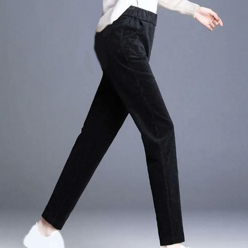 Calças casuais grossas das mulheres cor sólida cintura alta calças femininas forro de pelúcia bolsos cintura elástica quente harem calças streetwear
